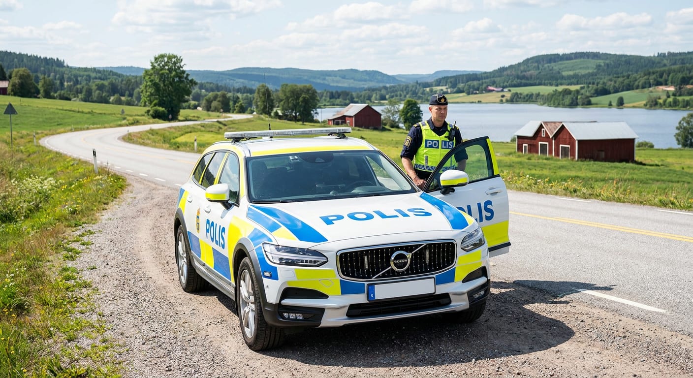En polisbil av märket Volvo står parkerad på en grusväg intill en asfalterad väg på landsbygden. En uniformerad person står vid bilens öppna förardörr. I bakgrunden syns ett grönt landskap med kullar, ett vattendrag och röda byggnader.
