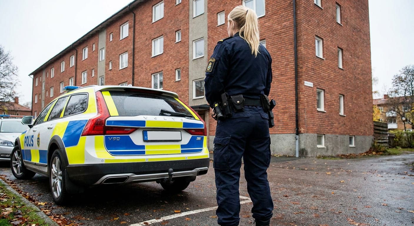 En polis iklädd uniform och utrustningsbälte står vänd bort från kameran, bredvid en svensk polisbil av modellen Volvo V90. I bakgrunden syns ett flerbostadshus av rött tegel och nakna träd. Vägen är våt med höstlöv.