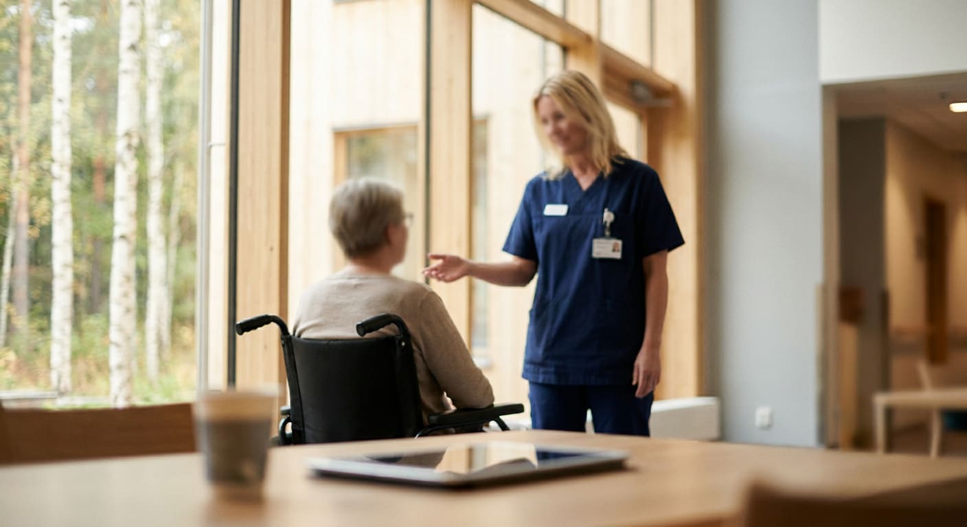 En kvinna i rullstol sitter framför ett stort fönster med utsikt mot träd, med ryggen mot betraktaren. En annan kvinna i blå arbetskläder står vänd mot henne och gestikulerar. I förgrunden syns delar av ett bord med en surfplatta och en kaffemugg.