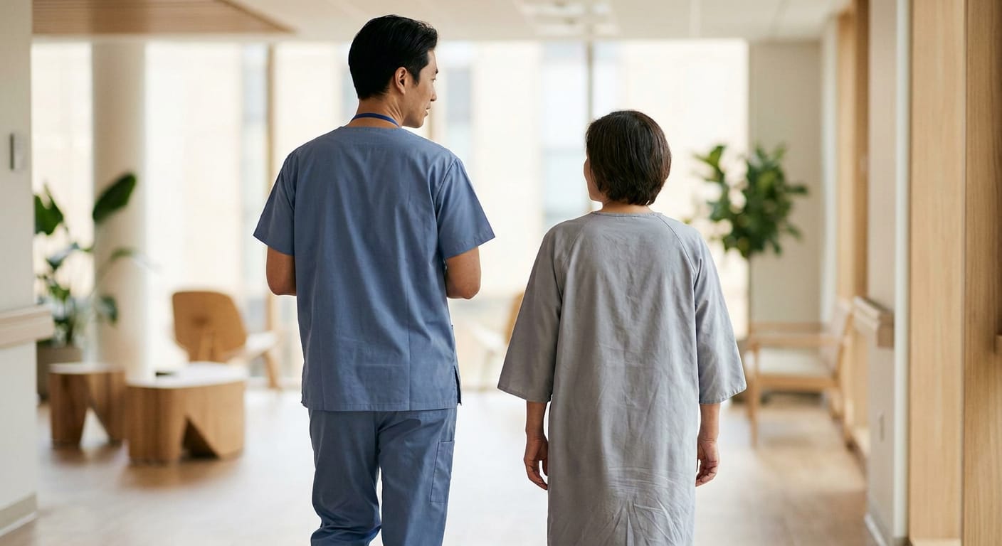 En person i blå scrubs och en person i grå sjukhusrock ses bakifrån, gående i en ljus korridor med stora fönster och växter. Korridoren har träpanel och en ledstång. Fokus ligger på personerna och omgivningen är suddig.