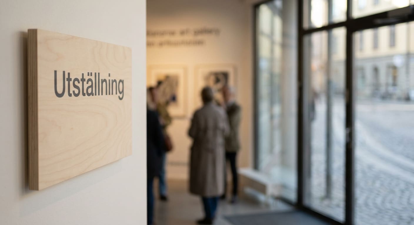 En bild inifrån en lokal med en trätavla med texten "Utställning" i förgrunden. I bakgrunden syns suddiga personer, inramade konstverk på en vägg, och stora fönster som vetter mot en kullerstensbelagd gata och byggnader utanför.