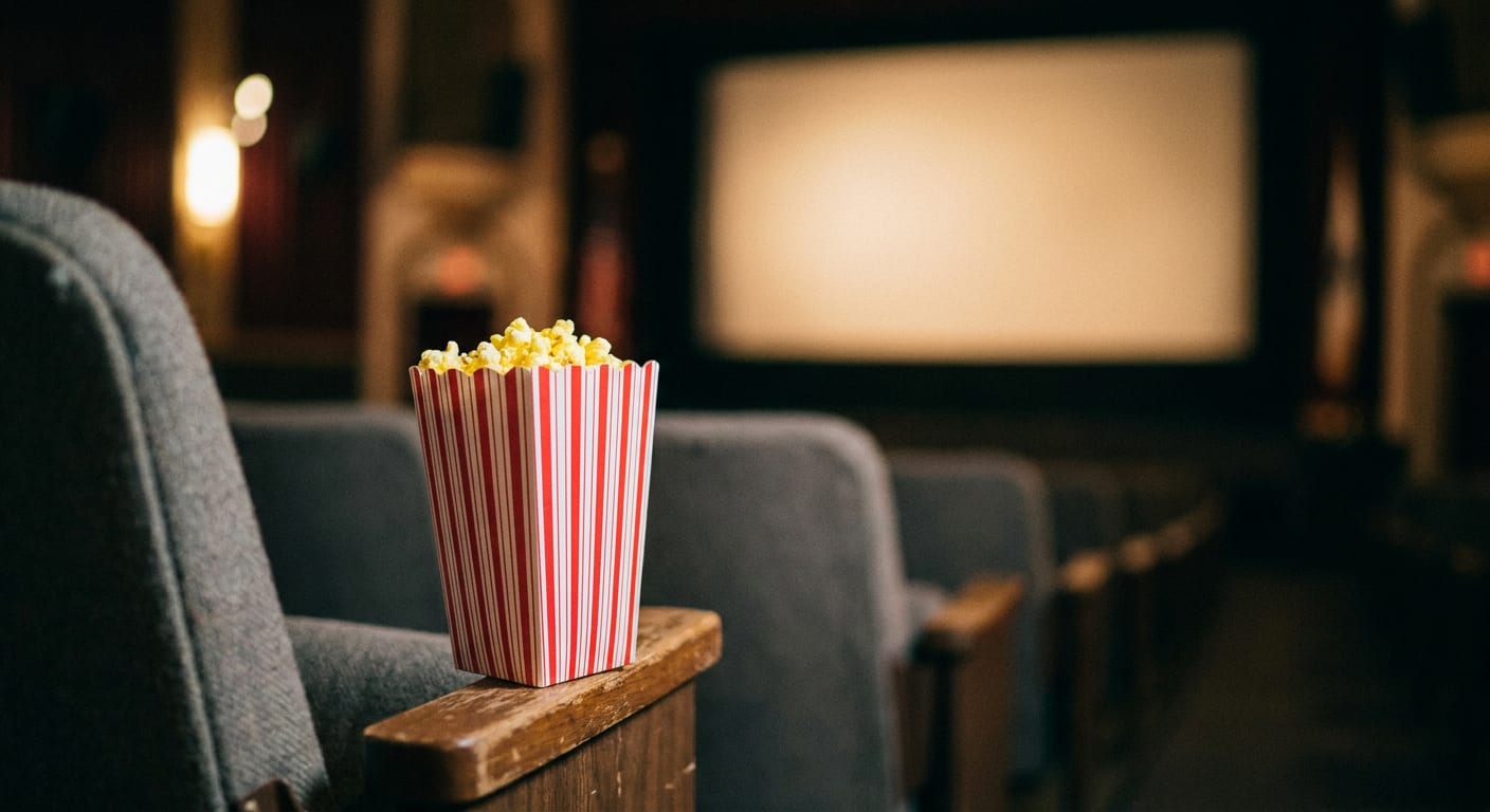 En röd- och vitrandig popcornbägare står på armstödet till en mörk biosalongsfåtölj. I förgrunden syns en del av en fåtölj och i bakgrunden skymtar ytterligare rader av fåtöljer samt en stor, oskarp bioskärm som är upplyst.