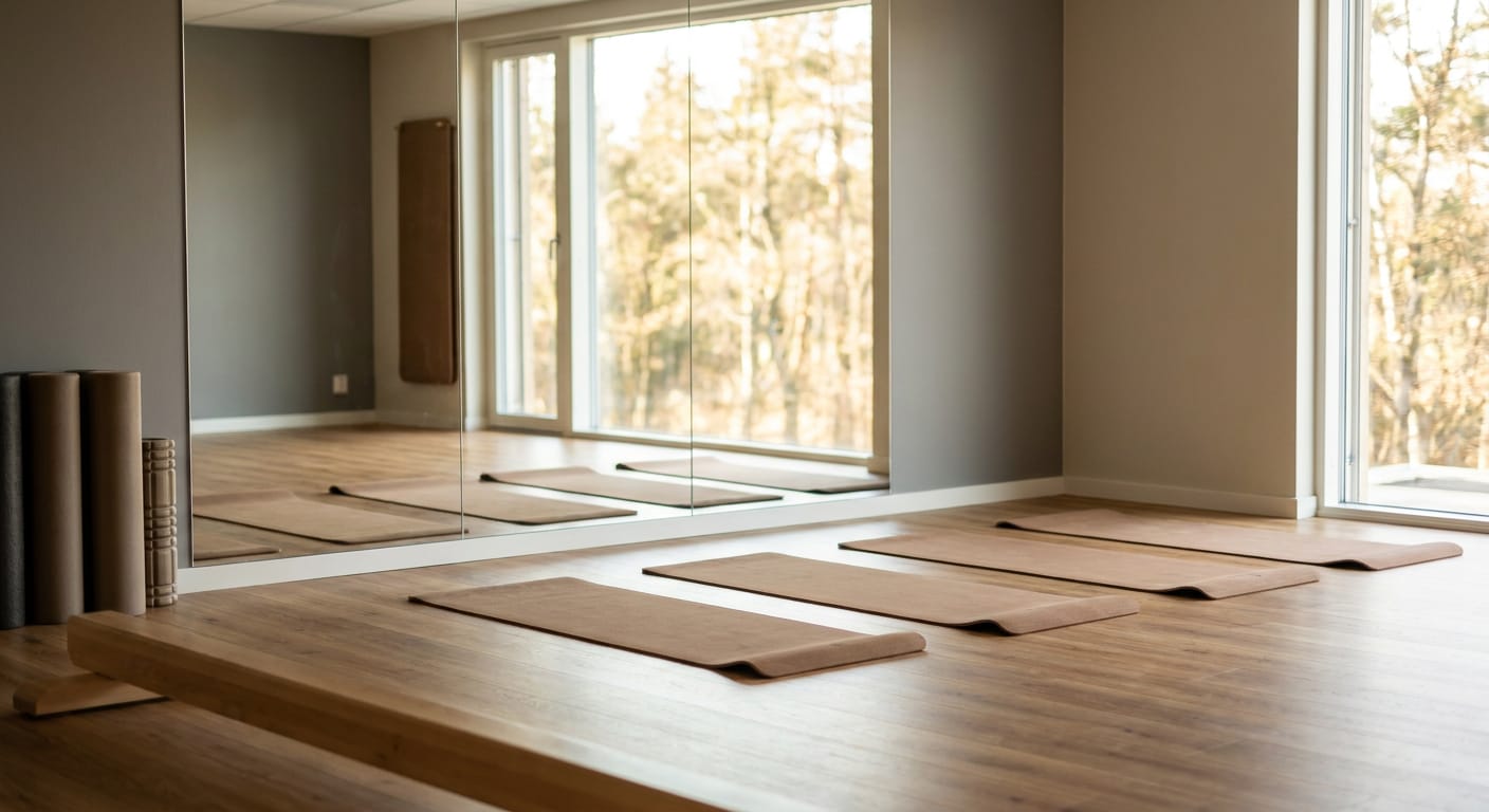 En ljus inomhusmiljö, troligen ett träningsrum, med stora fönster som vetter mot träd. Flera yogamattor ligger utrullade på ett trägolv. En spegelvägg reflekterar rummet och utsikten, och i ett hörn står ihoprullade mattor och en foam roller.