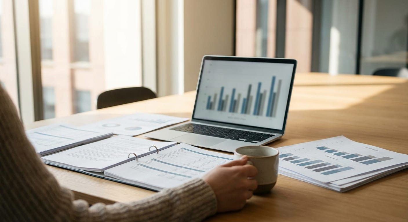 En person sedd bakifrån vid ett träbord, med en laptop som visar stapeldiagram och flera utskrivna dokument med grafer och text. Personen håller en kaffemugg i höger hand, och bakgrunden visar fönster och en oskarp interiör.