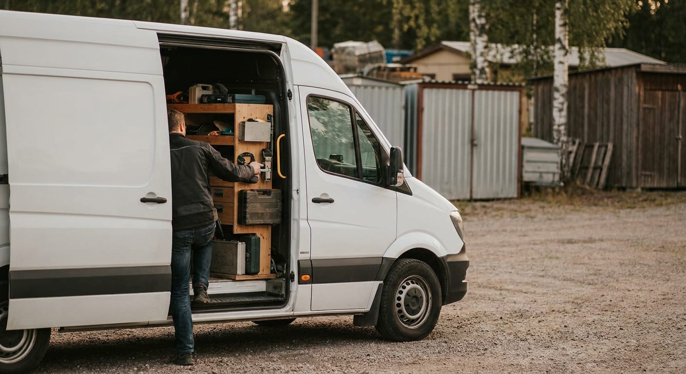 En person i mörk jacka och jeans står och arbetar med inredningen i en öppen vit servicebil. Bilens sidodörr är öppen och visar ett system av hyllor och lådor med verktyg. I bakgrunden syns skjul och träd på grusunderlag.