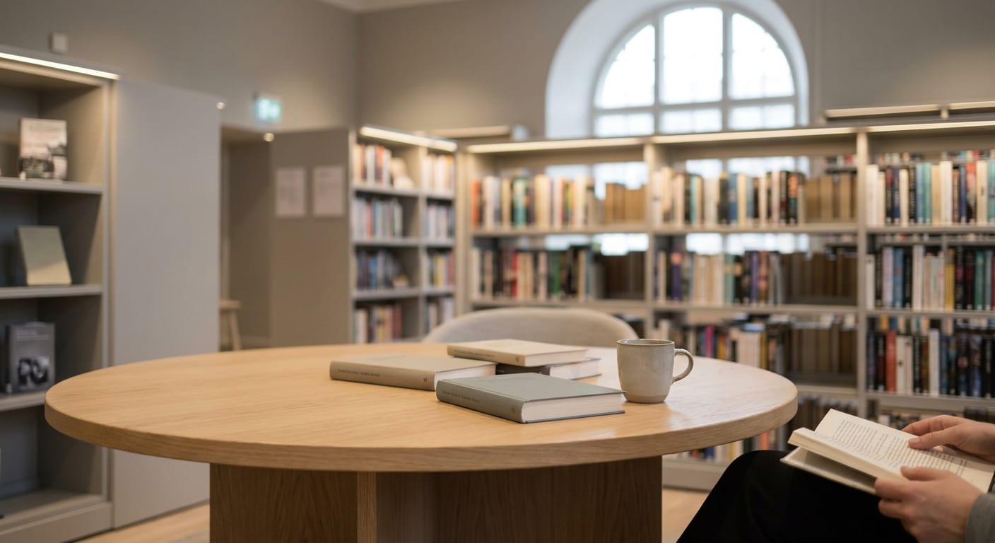 En inomhusbild föreställande en person som läser en bok, sedd från midjan och nedåt, sittandes vid ett runt träbord. På bordet ligger flera böcker och en kaffemugg. I bakgrunden syns bokhyllor fyllda med böcker och ett stort, välvt fönster.