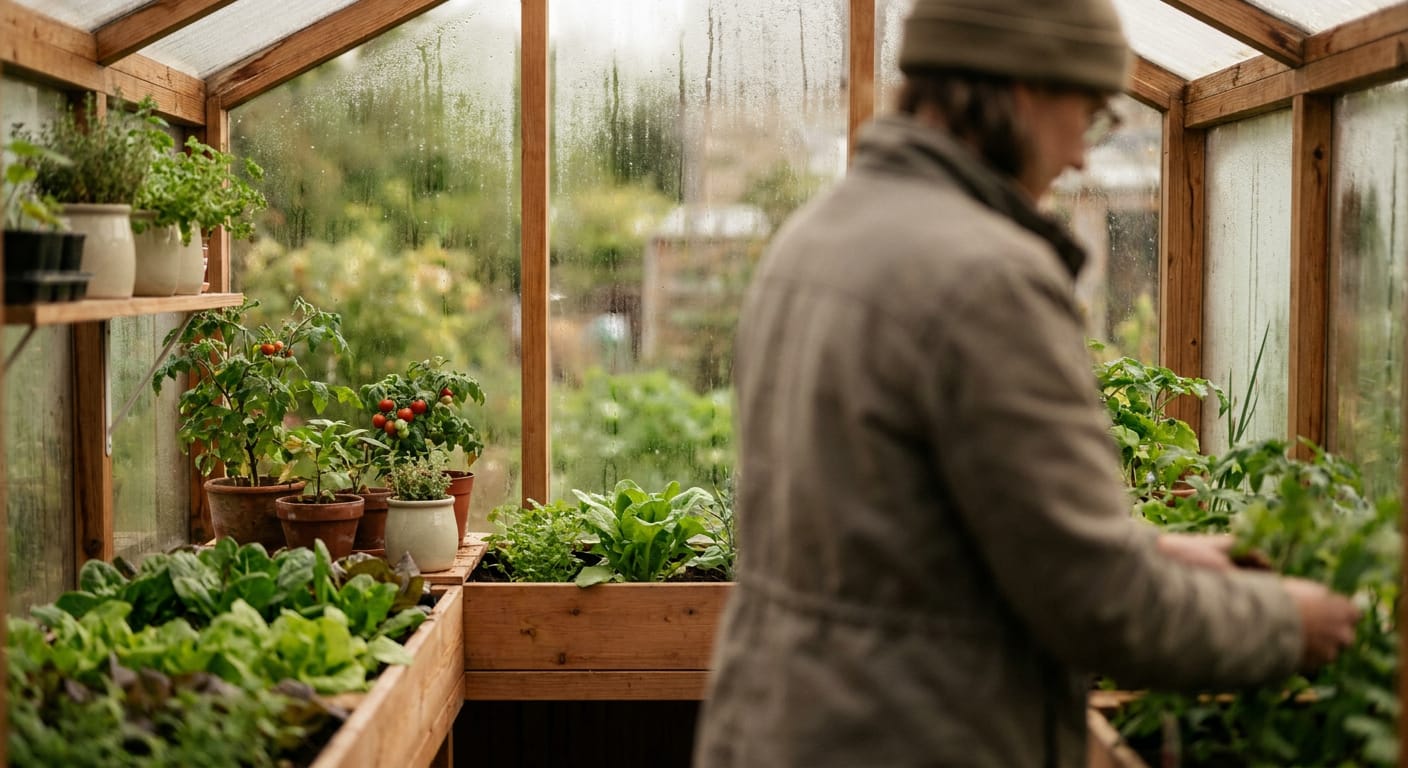 En person i en grön jacka och mössa arbetar bland växter i ett växthus med träram. Växthuset innehåller odlingar av sallad, tomater med röda frukter och krukor med örter. Fönsterpanelerna är immiga eller våta.