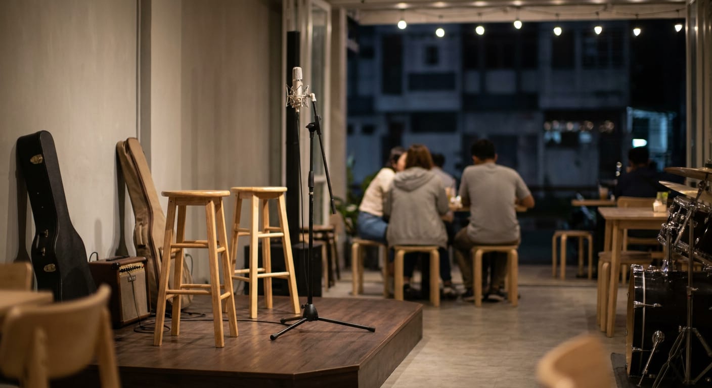 En inomhusbild föreställande ett kafé eller en mindre scenlokal på kvällen. Ett mikrofonstativ med en mikrofon står på en scen av trä. Bredvid scenen syns gitarrfodral och en förstärkare. I bakgrunden sitter flera personer vid bord, och delar av ett