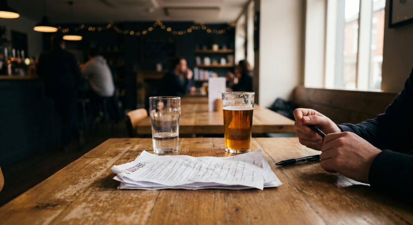 En inomhusmiljö, troligen en pub eller restaurang. I förgrunden syns en person vid ett träbord, med en penna i händerna, bredvid två glas (ett med vatten, ett med öl) och papper. I bakgrunden syns andra gäster och en bar.