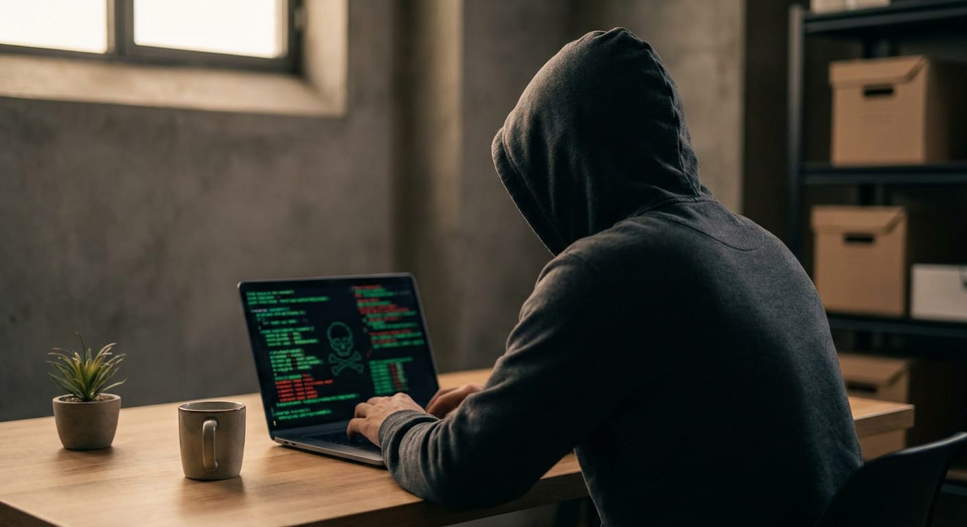 En person med mörk hoodie sitter vid ett träbord och skriver på en laptop vars skärm visar text i grönt och rött samt en dödskalle-symbol. På bordet syns också en krukväxt och en kaffemugg. I bakgrunden finns en vägg, ett fönster och en hylla med kar