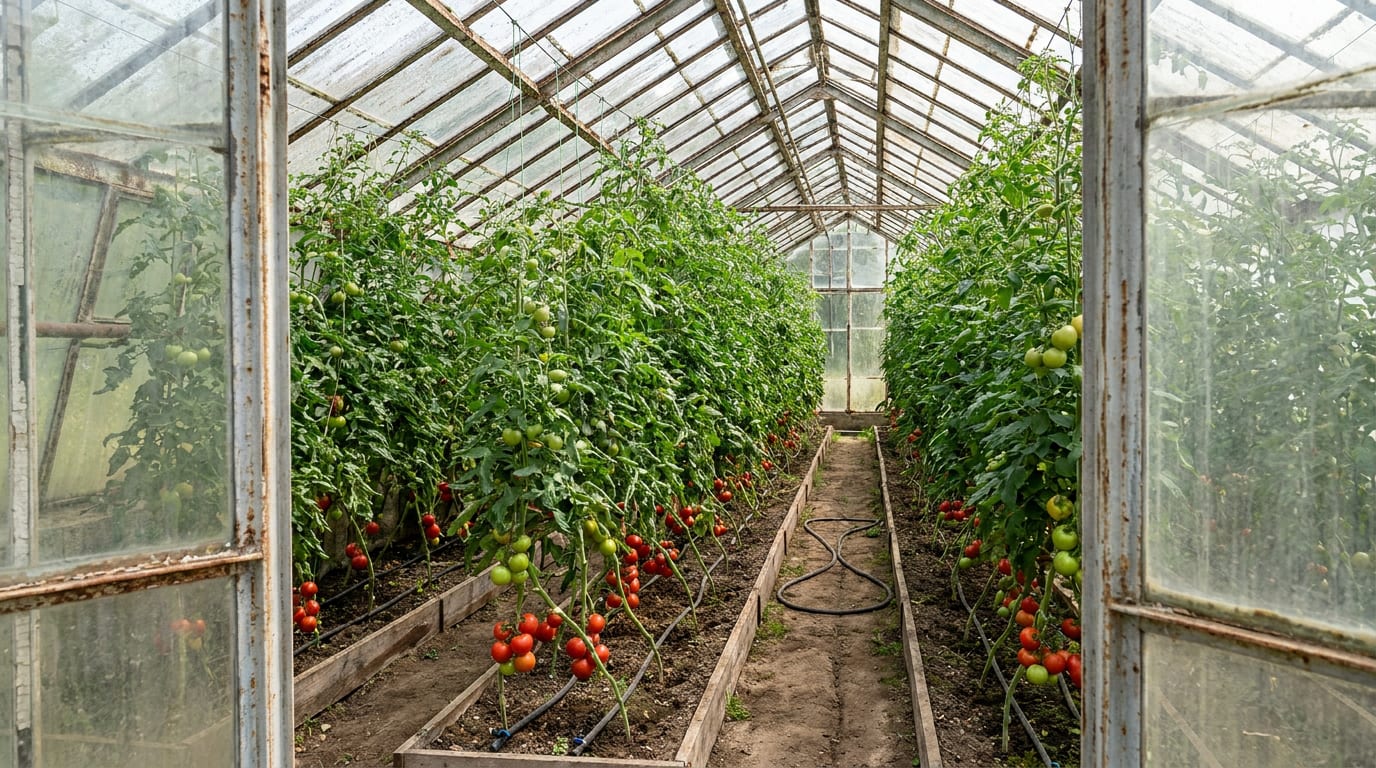 En bild inifrån ett växthus fyllt med höga tomatplantor. Plantorna är tunga med både gröna och röda tomater. I mitten löper en smal grusgång, och droppbevattningsslangar ligger på marken. Växthusets tak och väggar består av glaspaneler i en metallram
