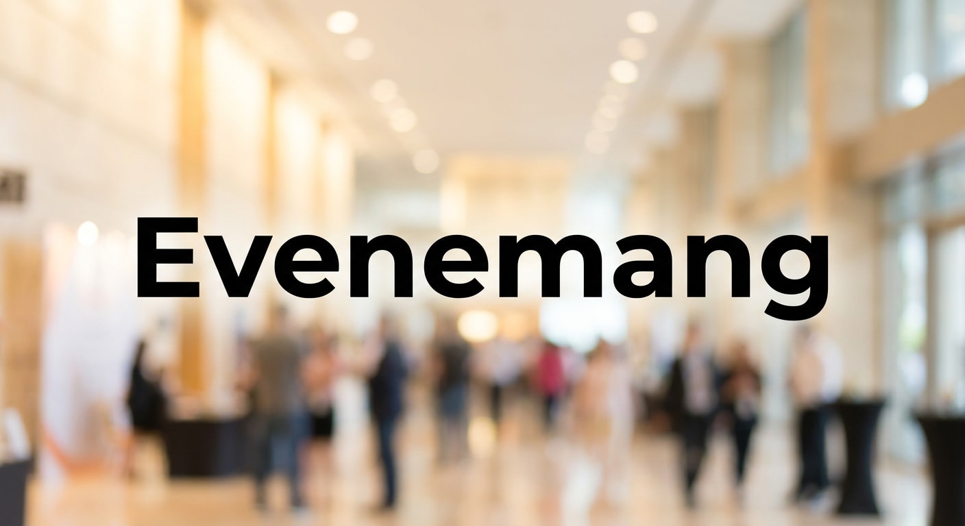 Bilden visar en oskarp bakgrund av en inomhusmiljö med många otydliga människor och möbler, troligen vid ett evenemang. Över bilden ligger texten "Evenemang" i svart.