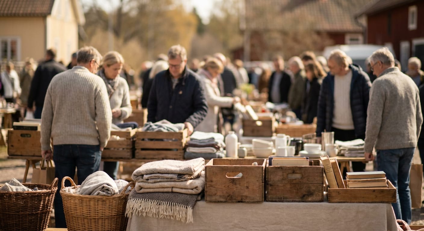 En grupp människor ses på en utomhusmarknad. Flera bord med föremål som filtar, böcker, keramik och träbackar är uppställda. Människor strosar runt och tittar på föremålen. Byggnader syns i bakgrunden.