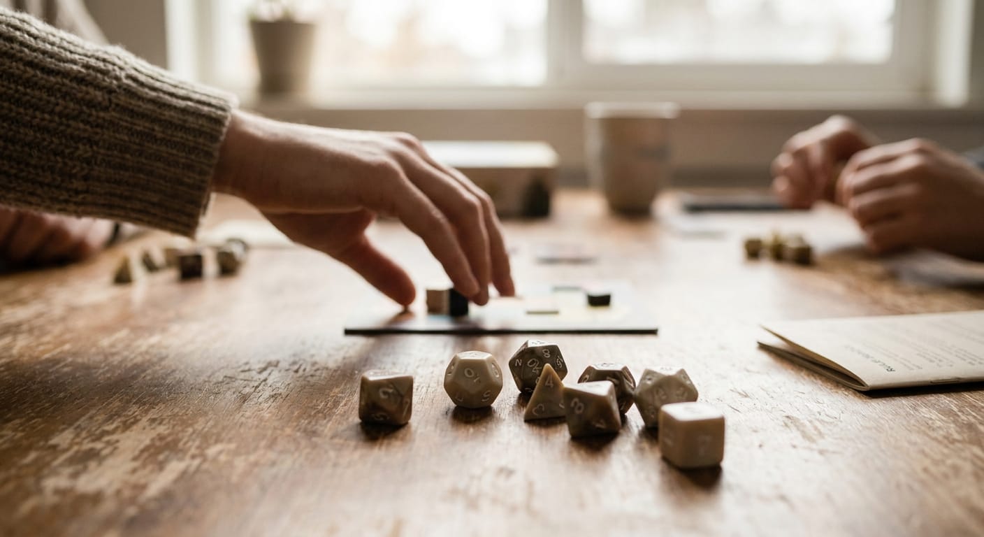 En person med en stickad tröjärm sträcker ut en hand mot ett spelbräde med spelpjäser på ett träbord. Flera polyhedriska tärningar ligger utspridda på bordet i förgrunden, bredvid en uppslagen instruktionsbok. En annan persons händer syns i bakgrunde