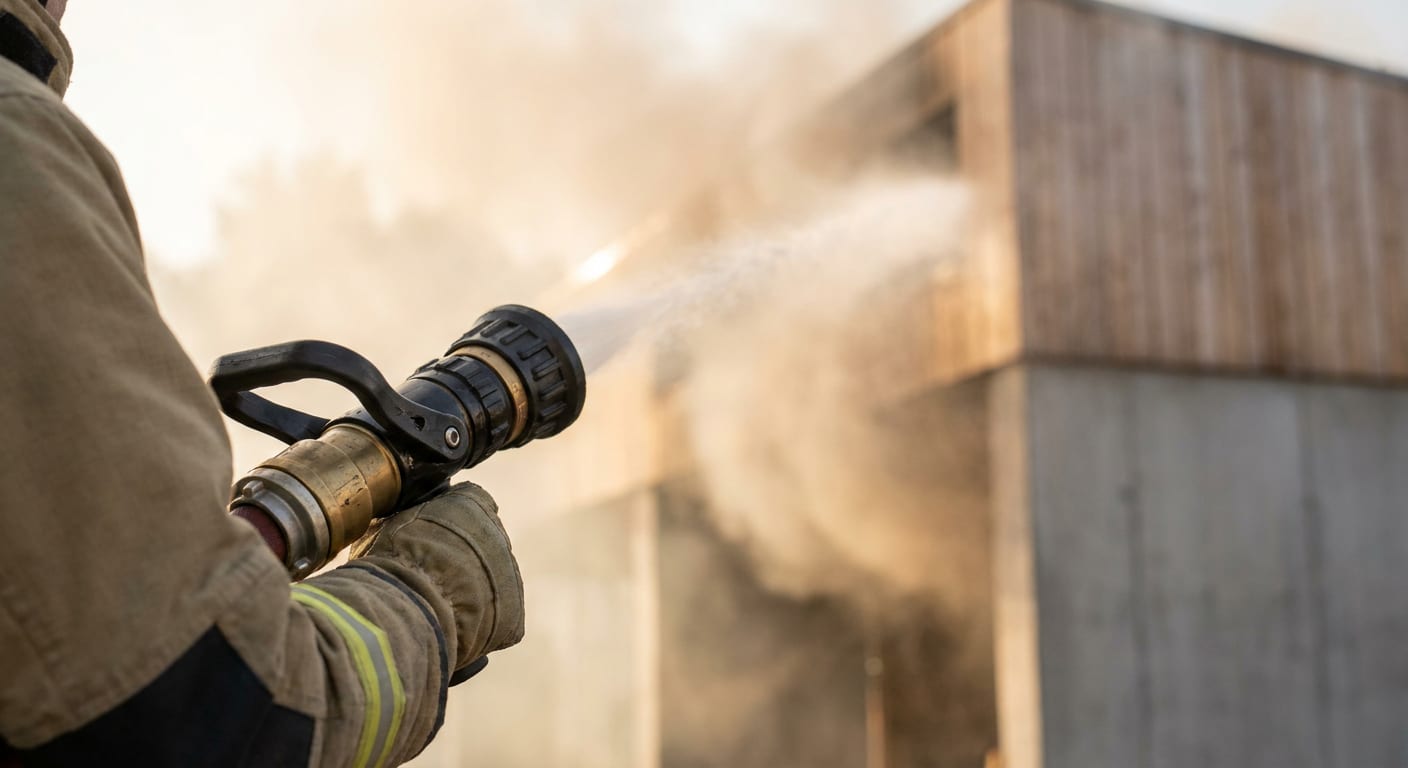 En person i skyddskläder håller en brandslang och sprutar vatten mot en byggnad. Vattenstrålen är synlig och bildar en dimma eller rök runt byggnaden som har delar av träpanel och betong. Ljuset kommer från höger, vilket skapar en ljus bakgrund.