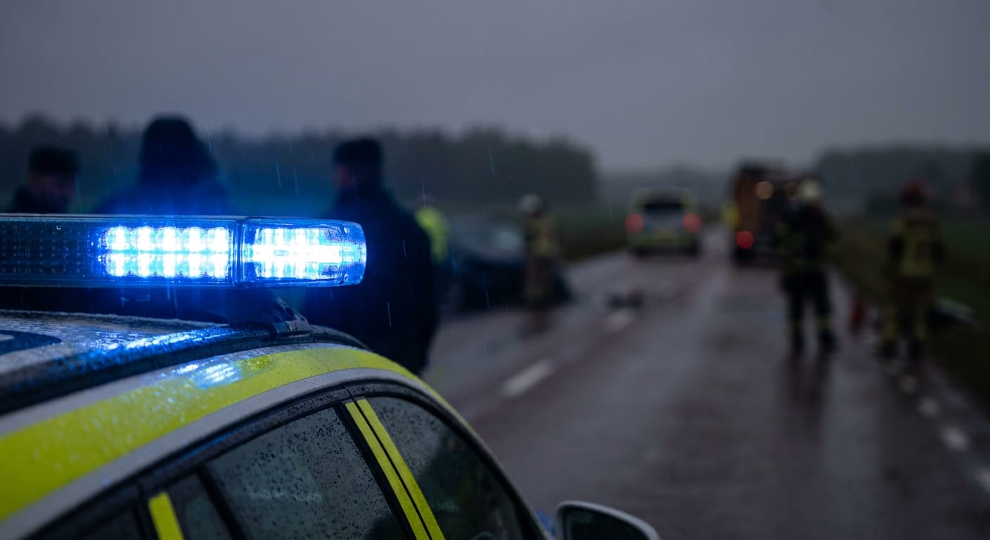 En polisbil med aktiverade blåljus i förgrunden, på en våt väg med regndroppar. Flera personer, inklusive räddningspersonal i gula västar, samt ytterligare fordon syns i bakgrunden. Miljön är utomhus och det är skymning eller mörkt.
