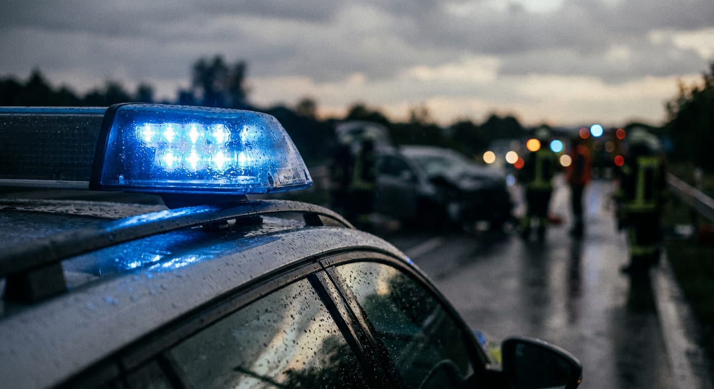 En bild tagen från sidan av ett fordon med blått blixtljus på taket, täckt av regndroppar. I bakgrunden syns suddiga silhuetter av personer i varningskläder, fordon och ljus på en våt vägbana under en molnig himmel.