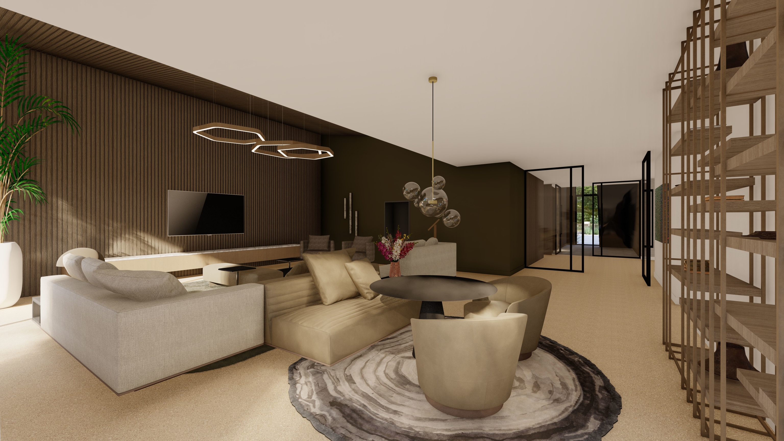 Interieurontwerp villa Blaricum woonkamer in 3d render.