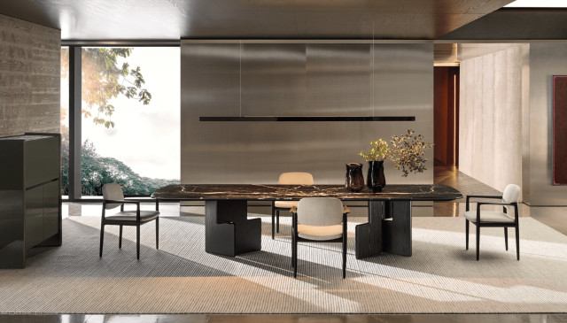 Op deze afbeelding ziet u de Minotti Nico eetkamer tafel met marmeren blad
