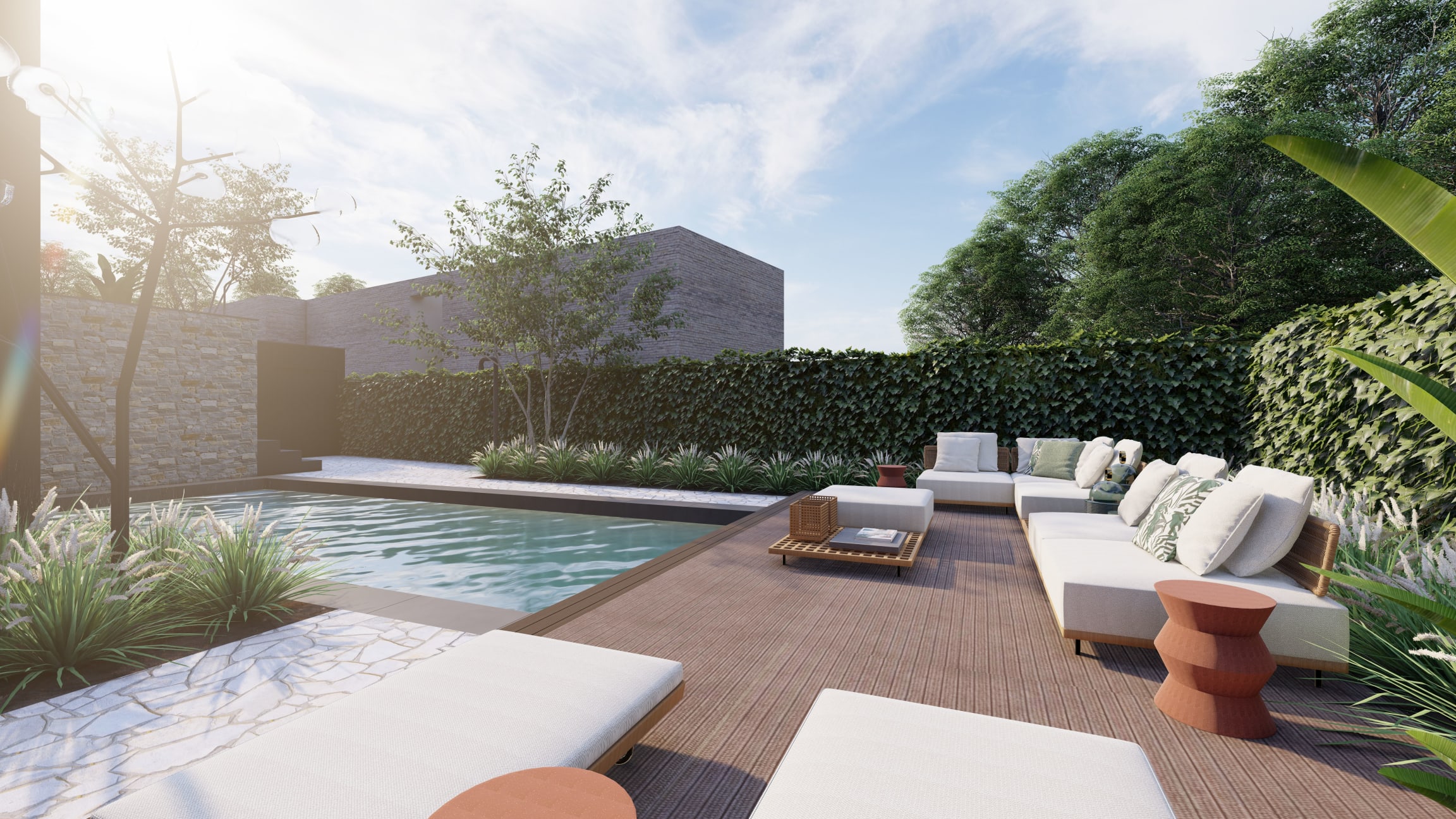 Op deze afbeelding ziet u een 3D-render van de Minotti Superquadrado. Een ruime hoekopstelling afgemaakt met de Minotti Cesar tafeltjes. Optimaal comfort in combinatie met een luxueuze uitstraling.