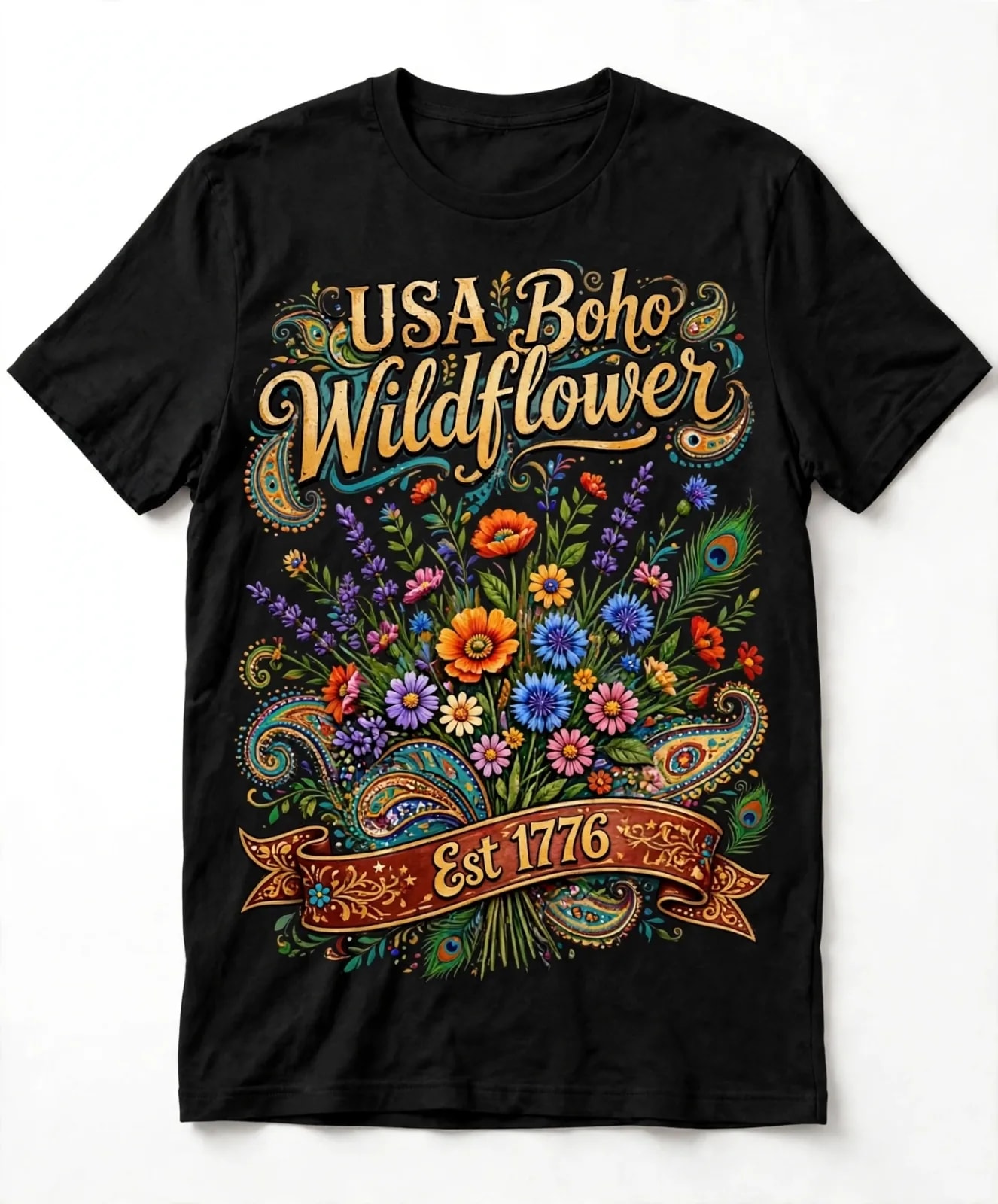 USA Boho Wildflower Floral T shirt Design PNG 1776 (preview 2 of 2)