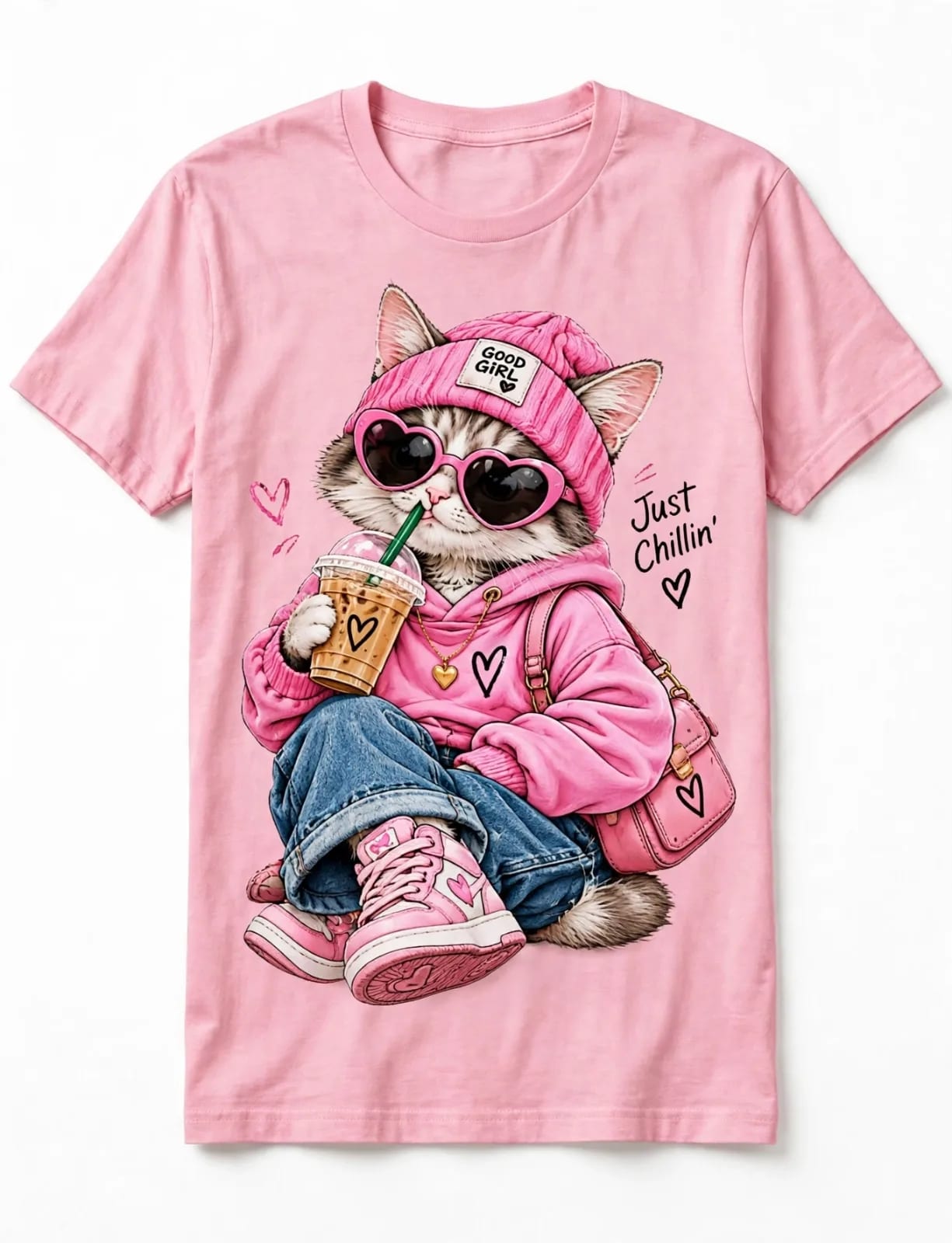 Just Chillin Cat PNG, Good Girl Pink Cat Sublimation Shirt Design (preview 2 of 3)