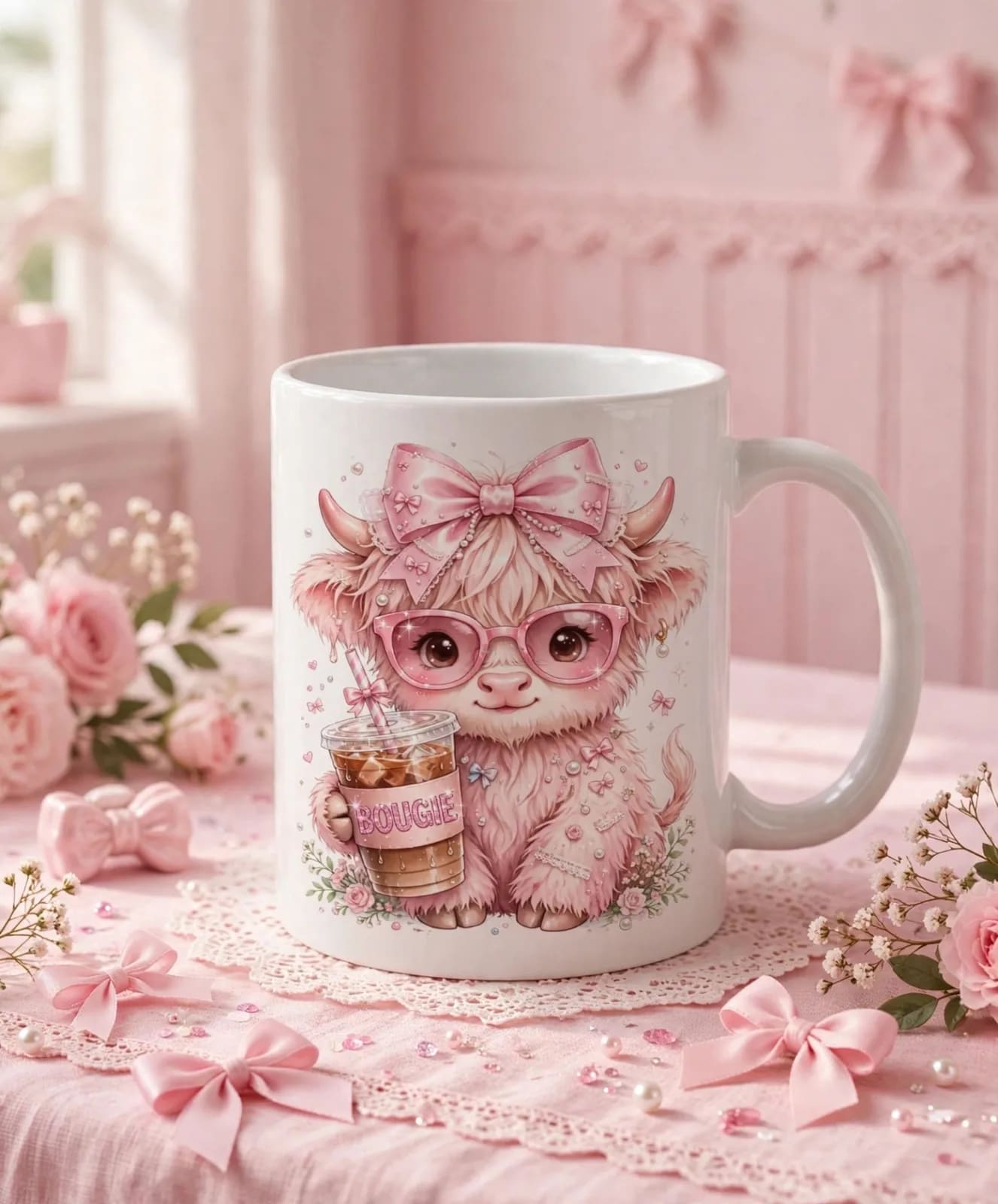 Bougie Highland Cow PNG Pink Coquette Bow Cow Coffee PNG Cute Cow Sublimation (preview 3 of 4)