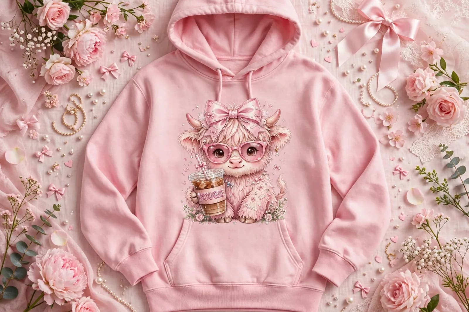 Bougie Highland Cow PNG Pink Coquette Bow Cow Coffee PNG Cute Cow Sublimation (preview 2 of 4)