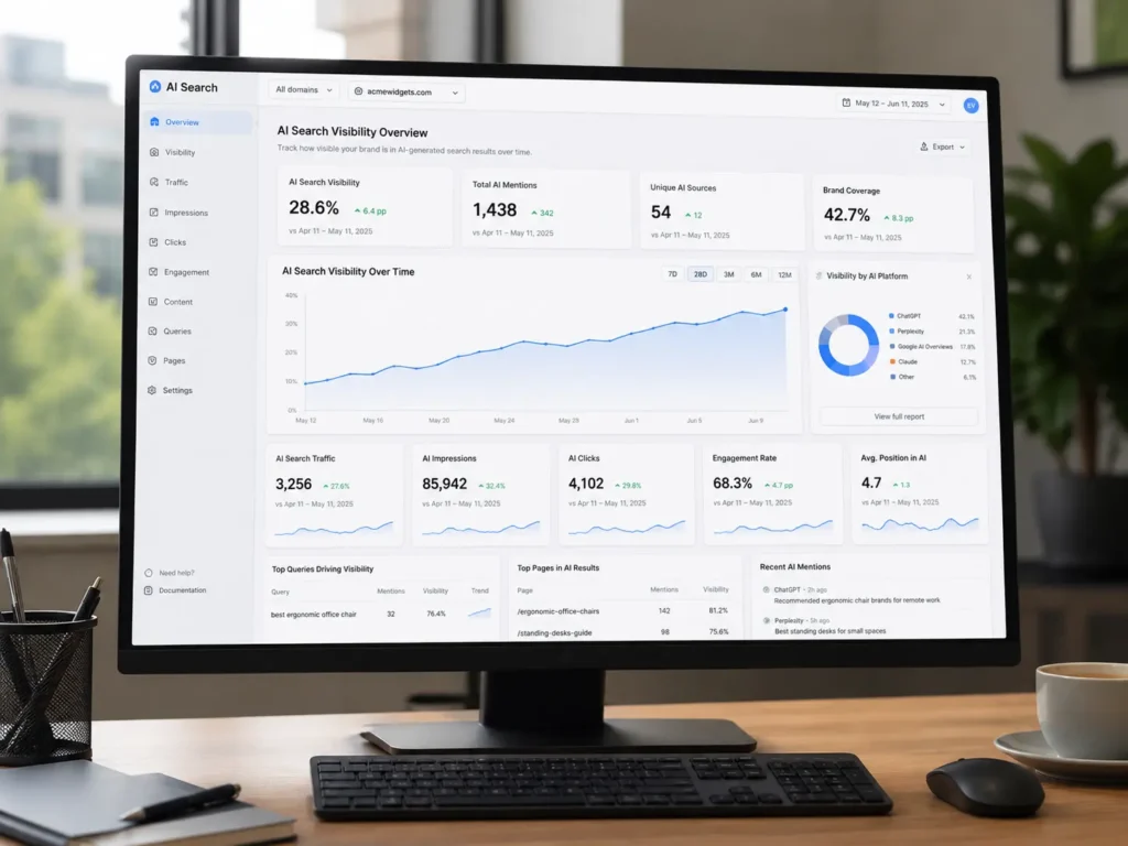 Dashboard showing a website's AI search visibility trending upward