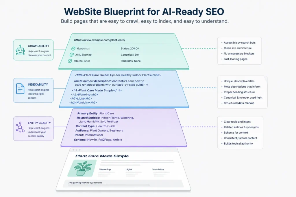 Flat illustration of a webpage broken into labeled blueprint layers for crawlability, indexability, and entity clarity