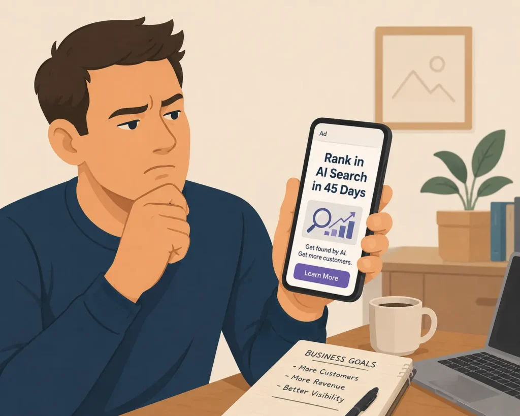 Business owner looking skeptically at a fast AI ranking advertisement