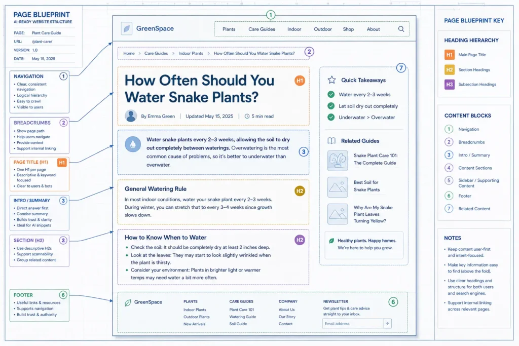 Wireframe blueprint of a webpage showing heading hierarchy and content structure