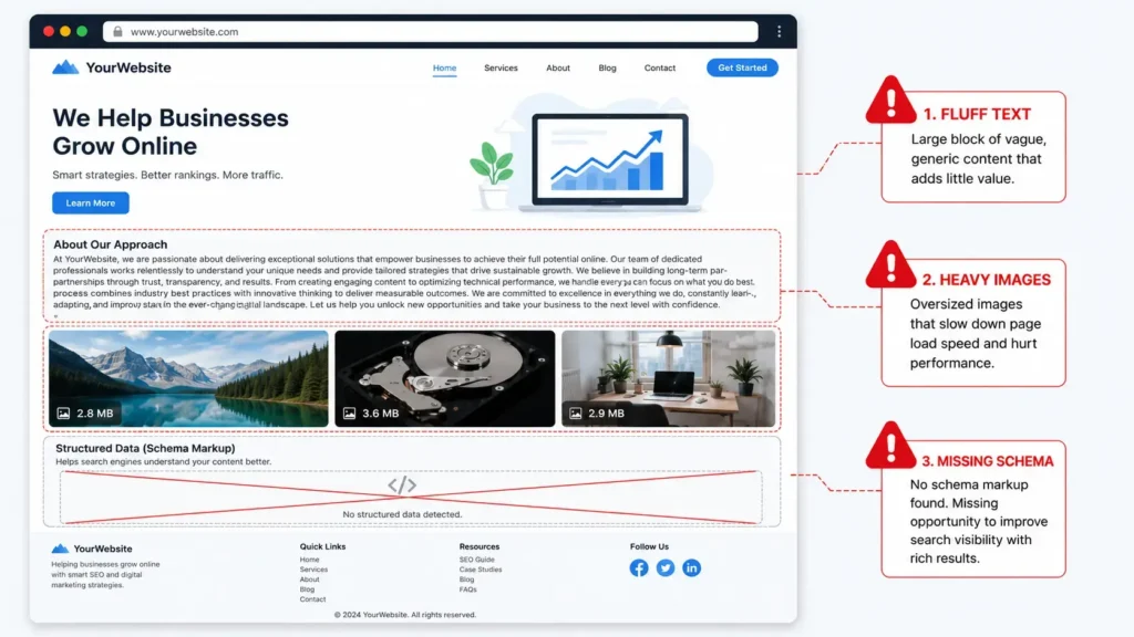 Webpage illustration with red flag warning icons over common SEO mistakes