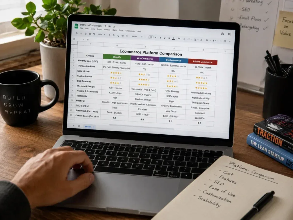 founder comparing ecommerce platforms in a spreadsheet, with columns for cost, features, and SEO