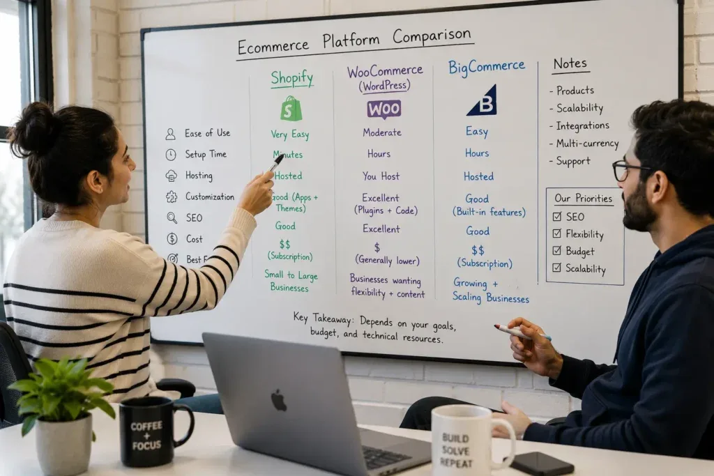 marketer and developer discussing Shopify vs WooCommerce vs BigCommerce on a whiteboard