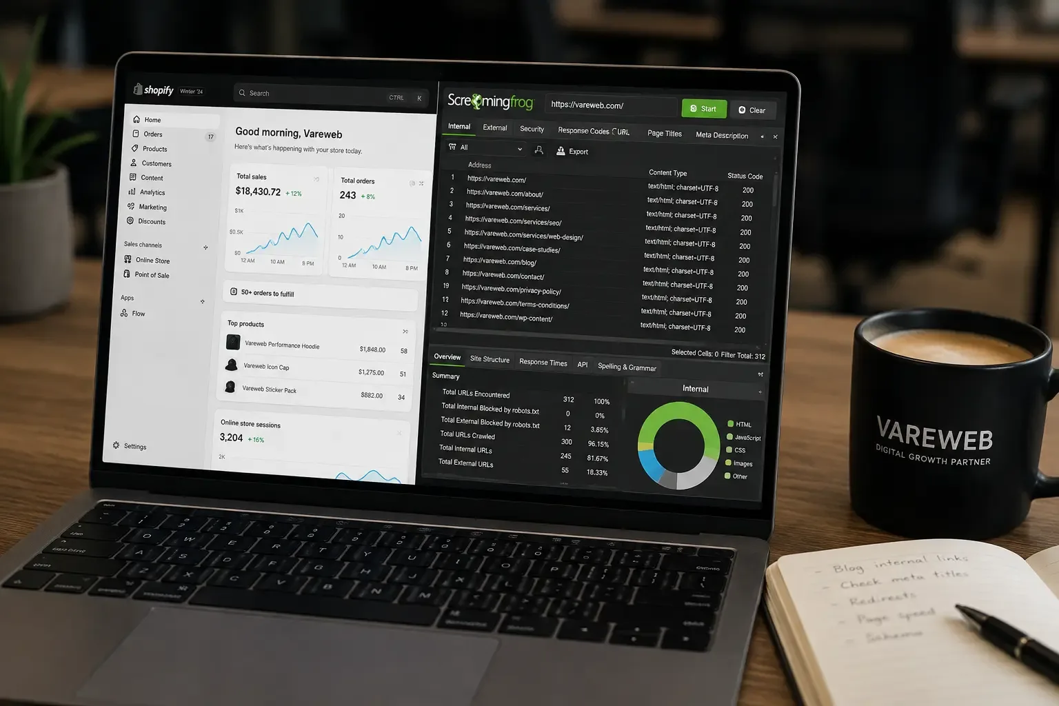 Shopify admin dashboard and screaming frog