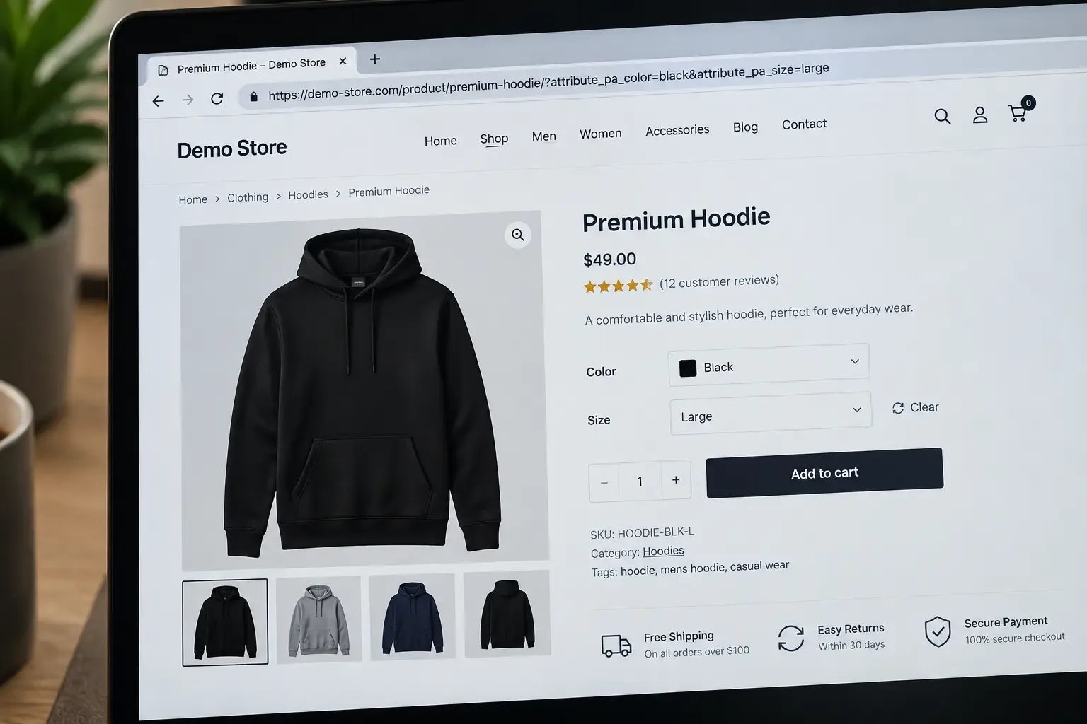 WooCommerce variable product showing color and size attributes
