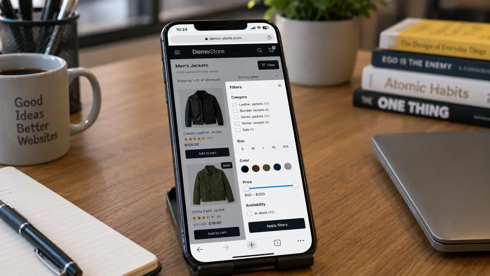 WooCommerce category page with a filter drawer open