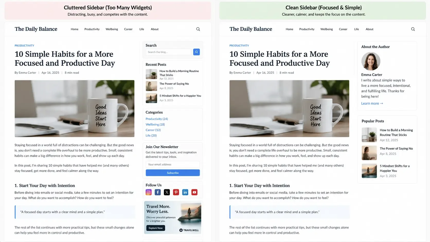 cluttered blog sidebar vs two module sidebar