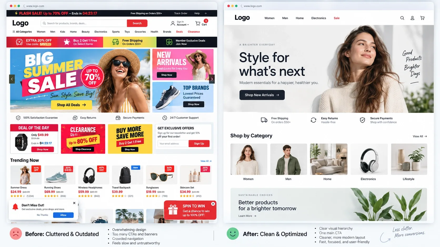 cluttered ecommerce homepage vs clean and optimized homepage