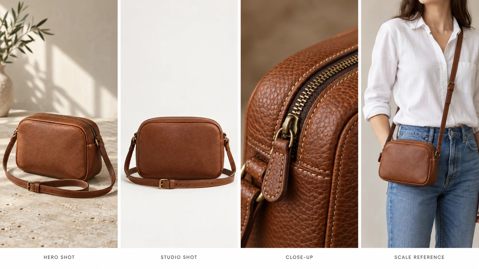 product photography sequence for a handbag