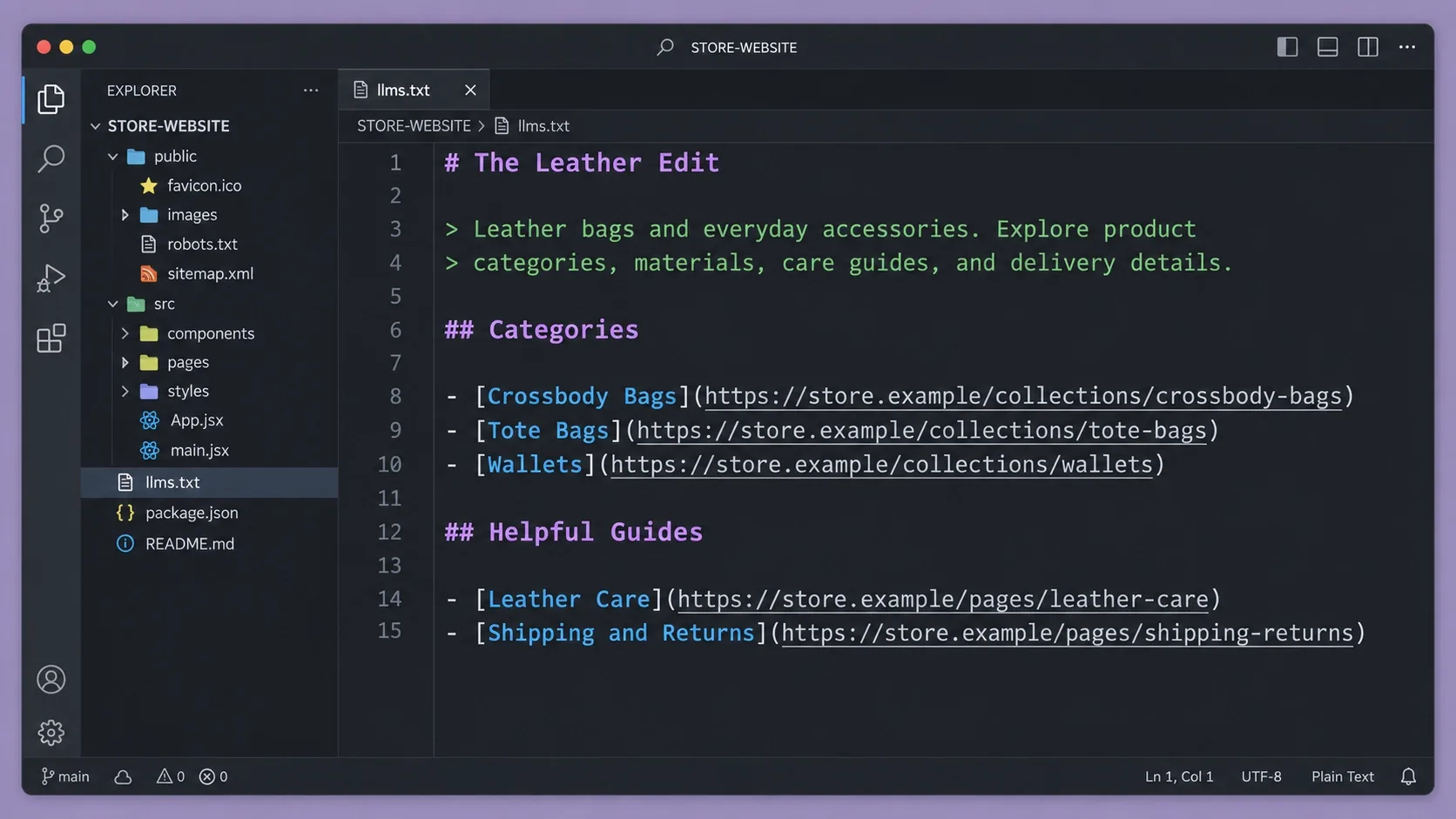 code editor with an llms txt file