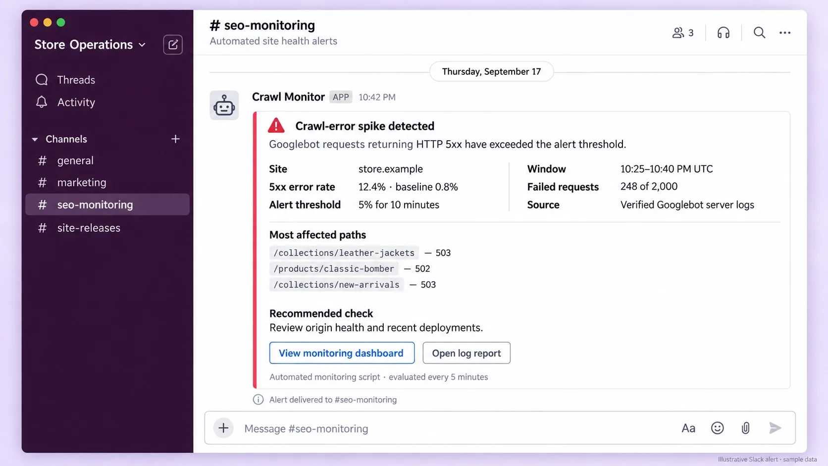 Slack alert notification showing an automated crawl error spike warning