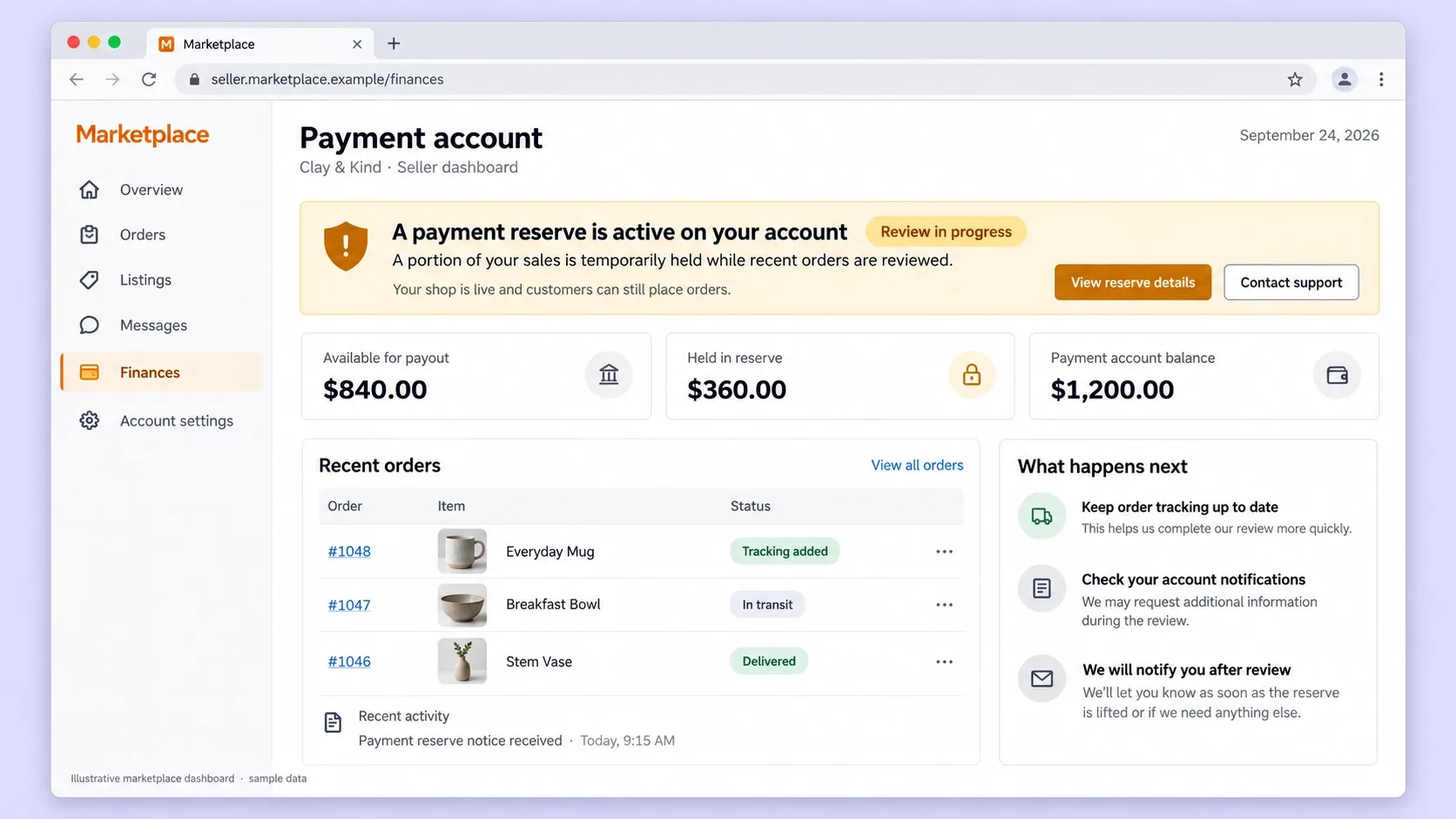 marketplace seller dashboard showing an account under review or a payment reserve notice