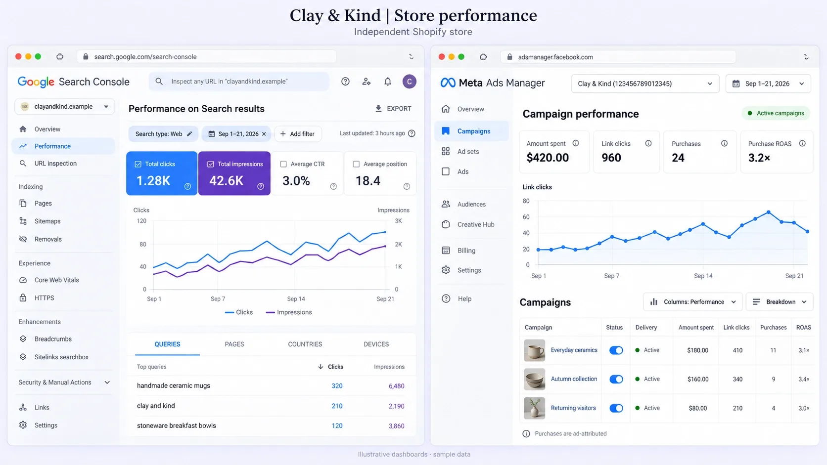 Google Search Console and Meta Ads performance of a Shopify store