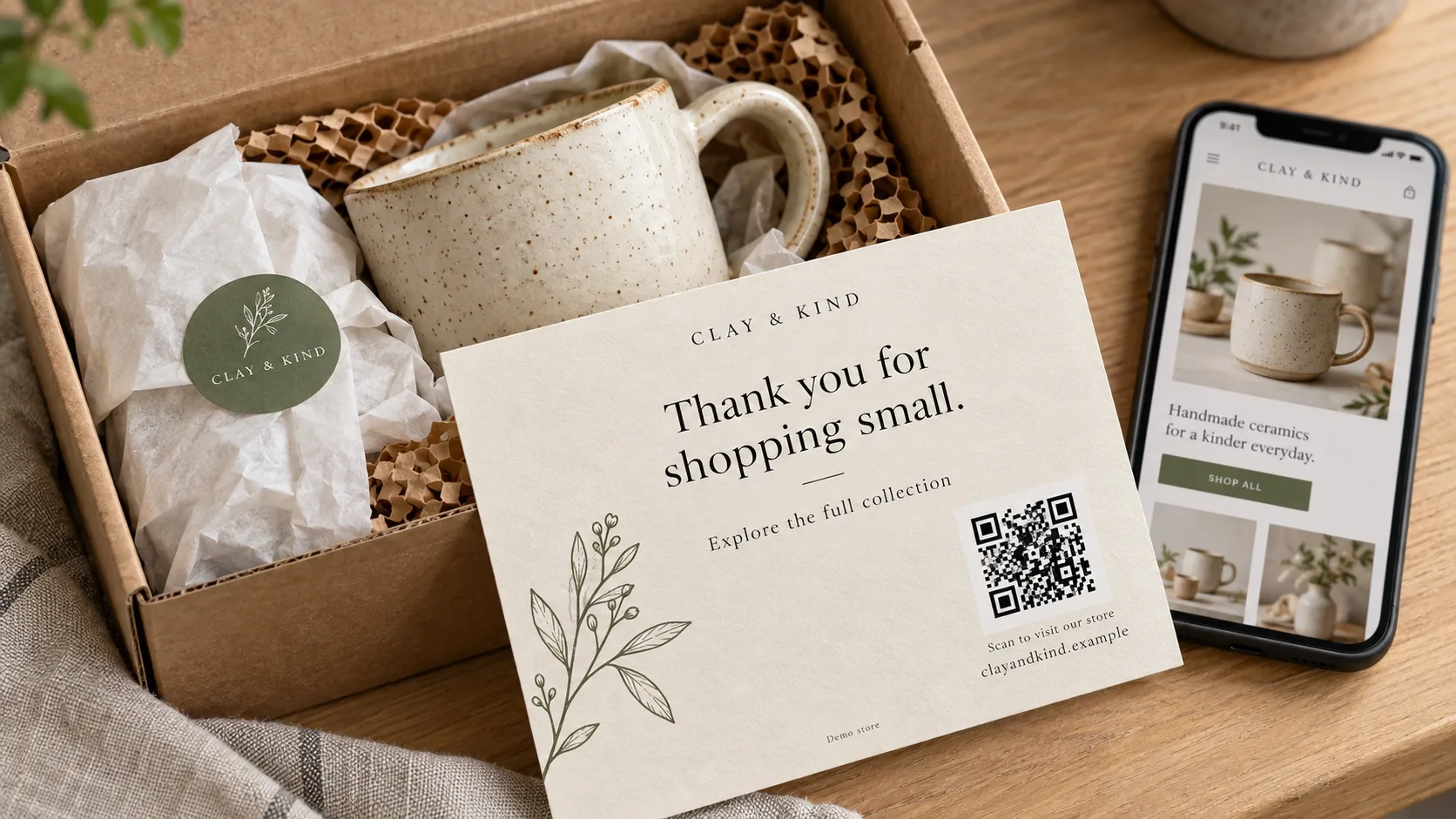 small product package with a branded insert card and QR code