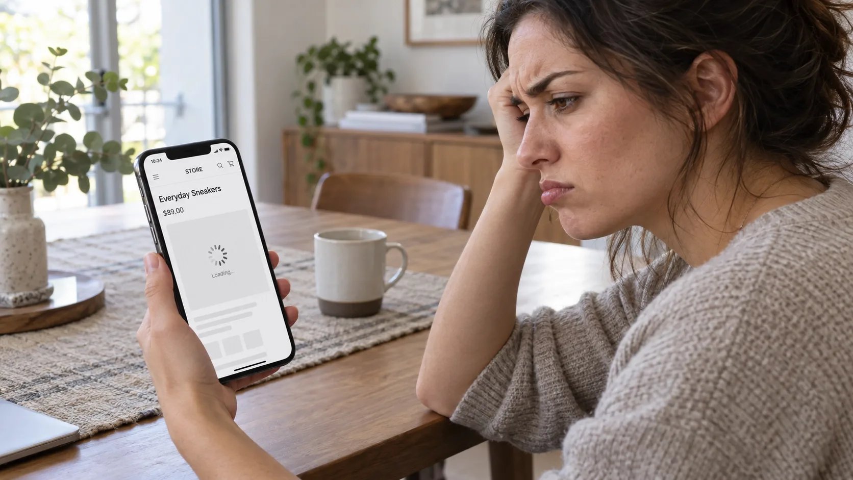 customer looking frustrated at a phone screen with slow page loading