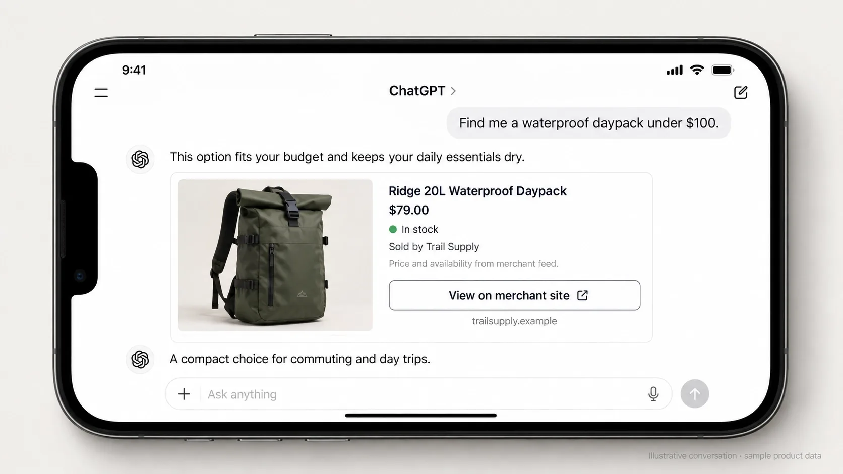 ChatGPT shopping conversation recommending a product with price and availability