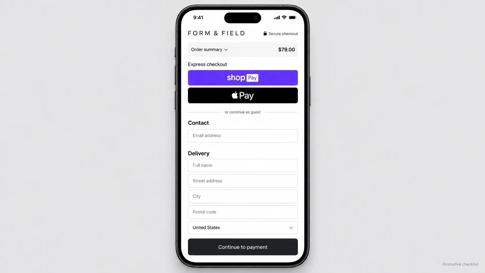 single-column checkout with Shop Pay and Apple Pay button