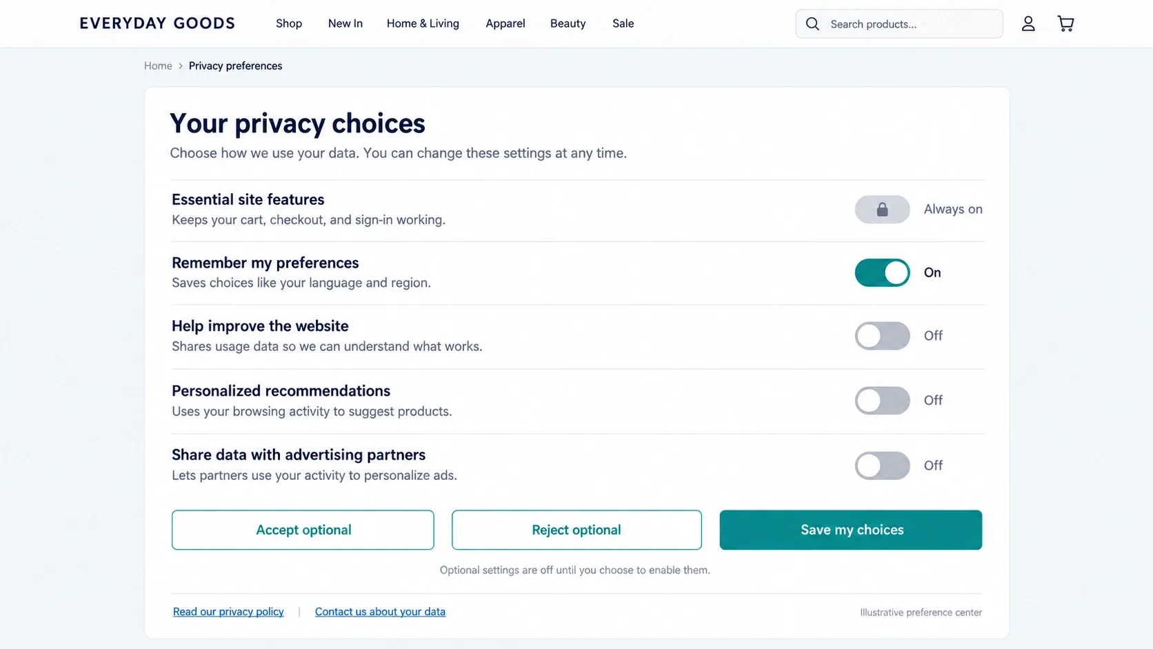 privacy preference center showing simple toggle switches